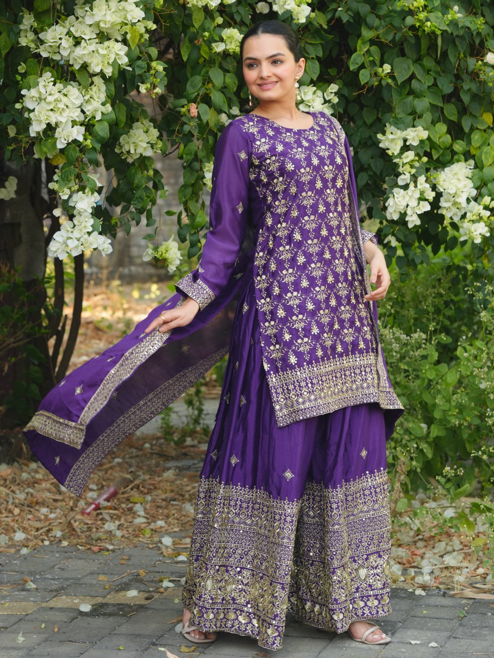 Prazu Fashion Violet Chinon Silk Sequence Embroidered Sharara Suit - Distacart