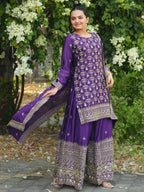 Prazu Fashion Violet Chinon Silk Sequence Embroidered Sharara Suit - Distacart
