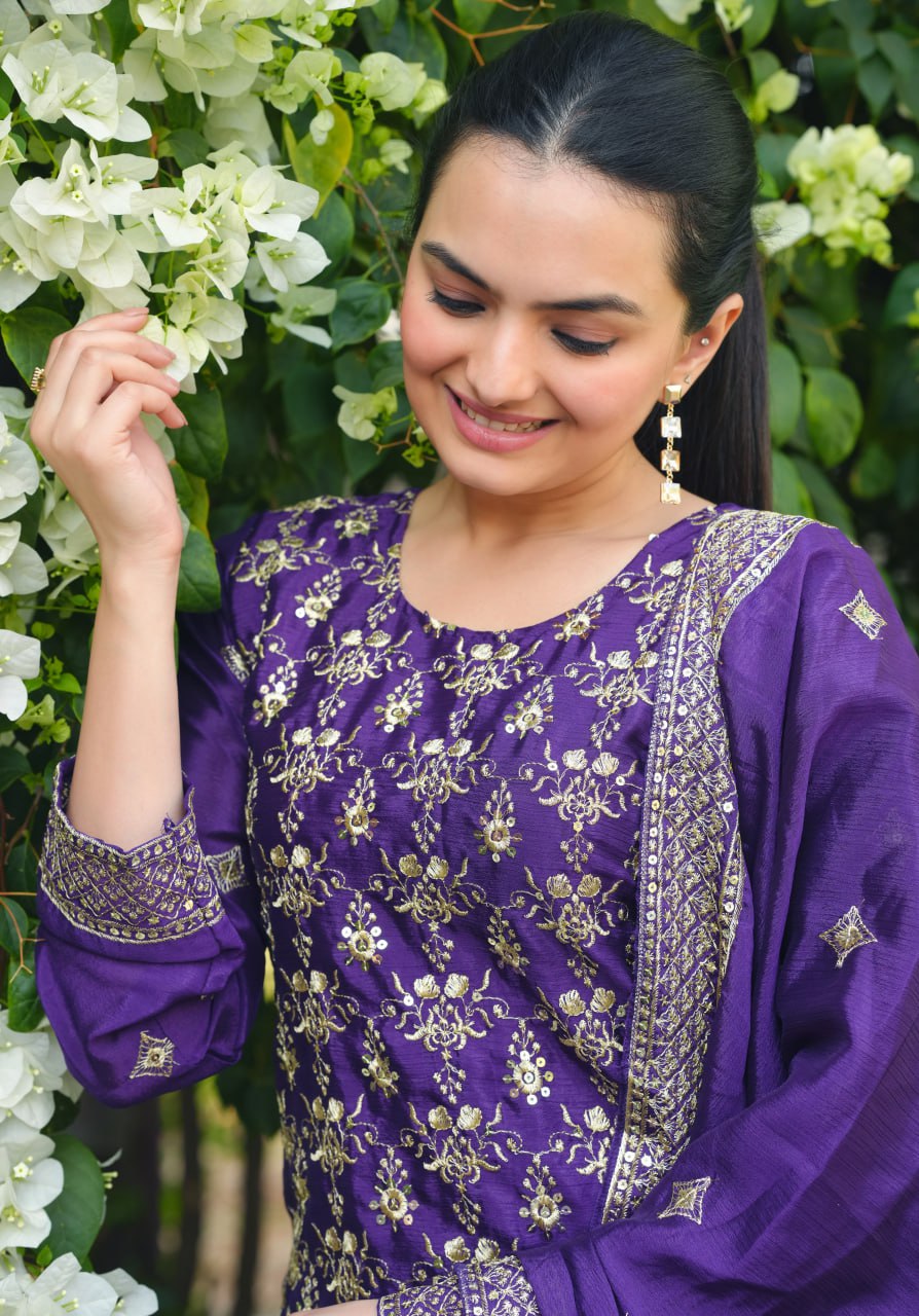 Prazu Fashion Violet Chinon Silk Sequence Embroidered Sharara Suit - Distacart