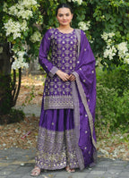 Prazu Fashion Violet Chinon Silk Sequence Embroidered Sharara Suit - Distacart