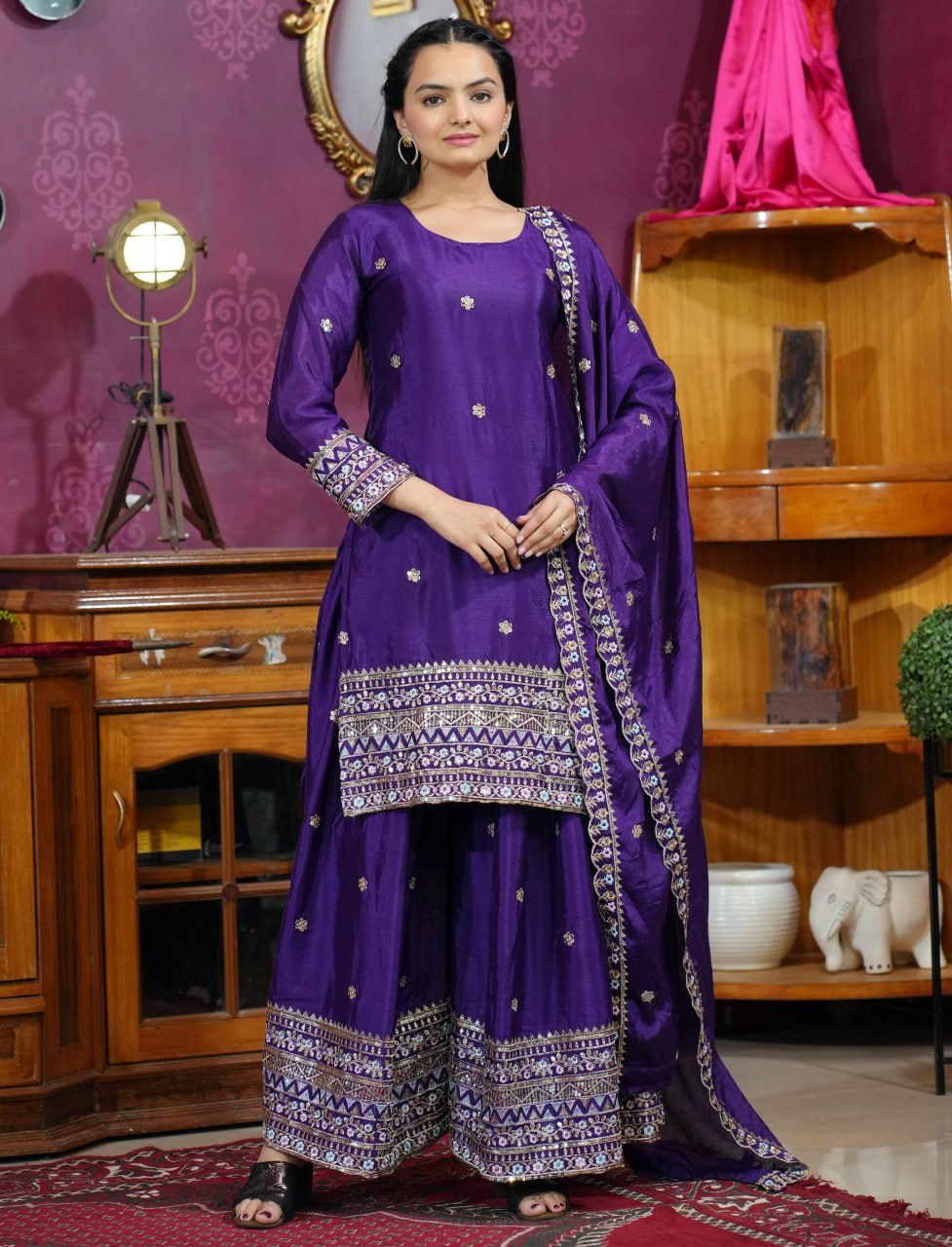 Prazu Fashion Violet Chinon Silk Sequence Embroidered Sharara Suit - Distacart