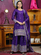 Prazu Fashion Violet Chinon Silk Sequence Embroidered Sharara Suit - Distacart
