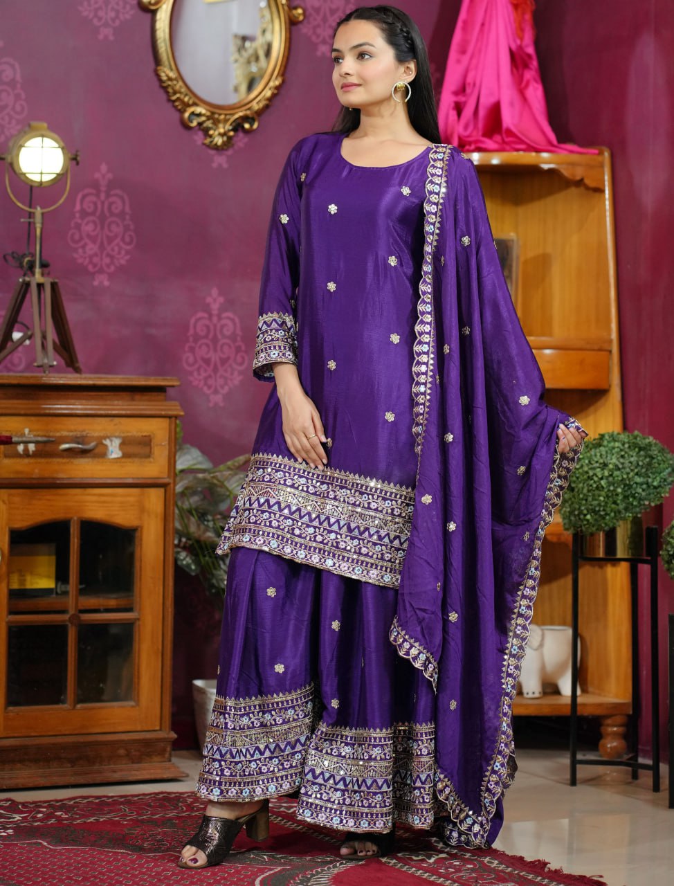 Prazu Fashion Violet Chinon Silk Sequence Embroidered Sharara Suit - Distacart