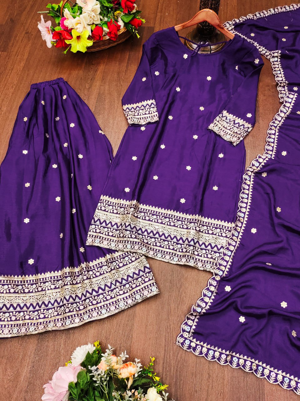 Prazu Fashion Violet Chinon Silk Sequence Embroidered Sharara Suit - Distacart