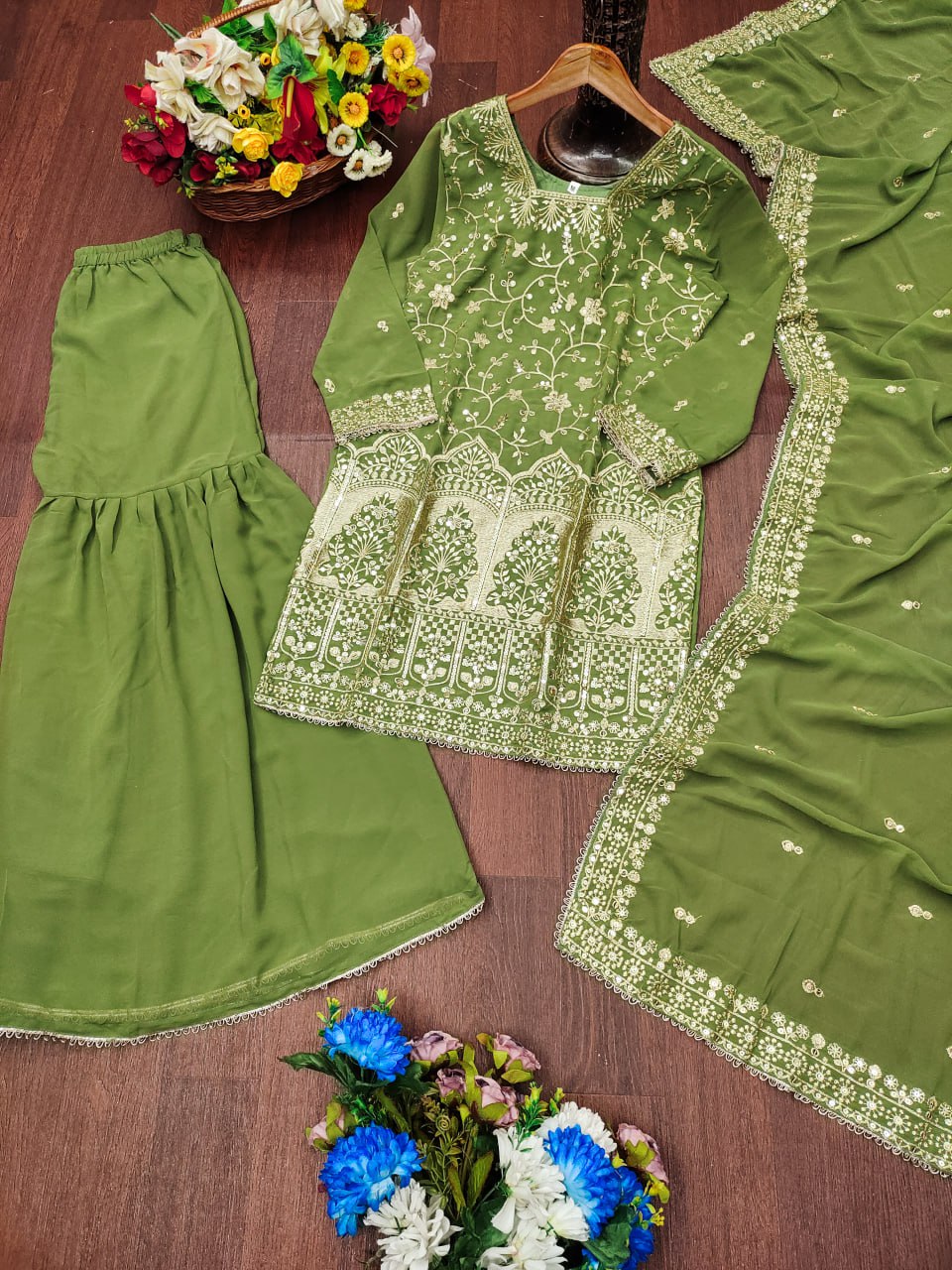 Prazu Fashion Mehendi Georgette Sequence Embroidered Sharara Suit - Distacart