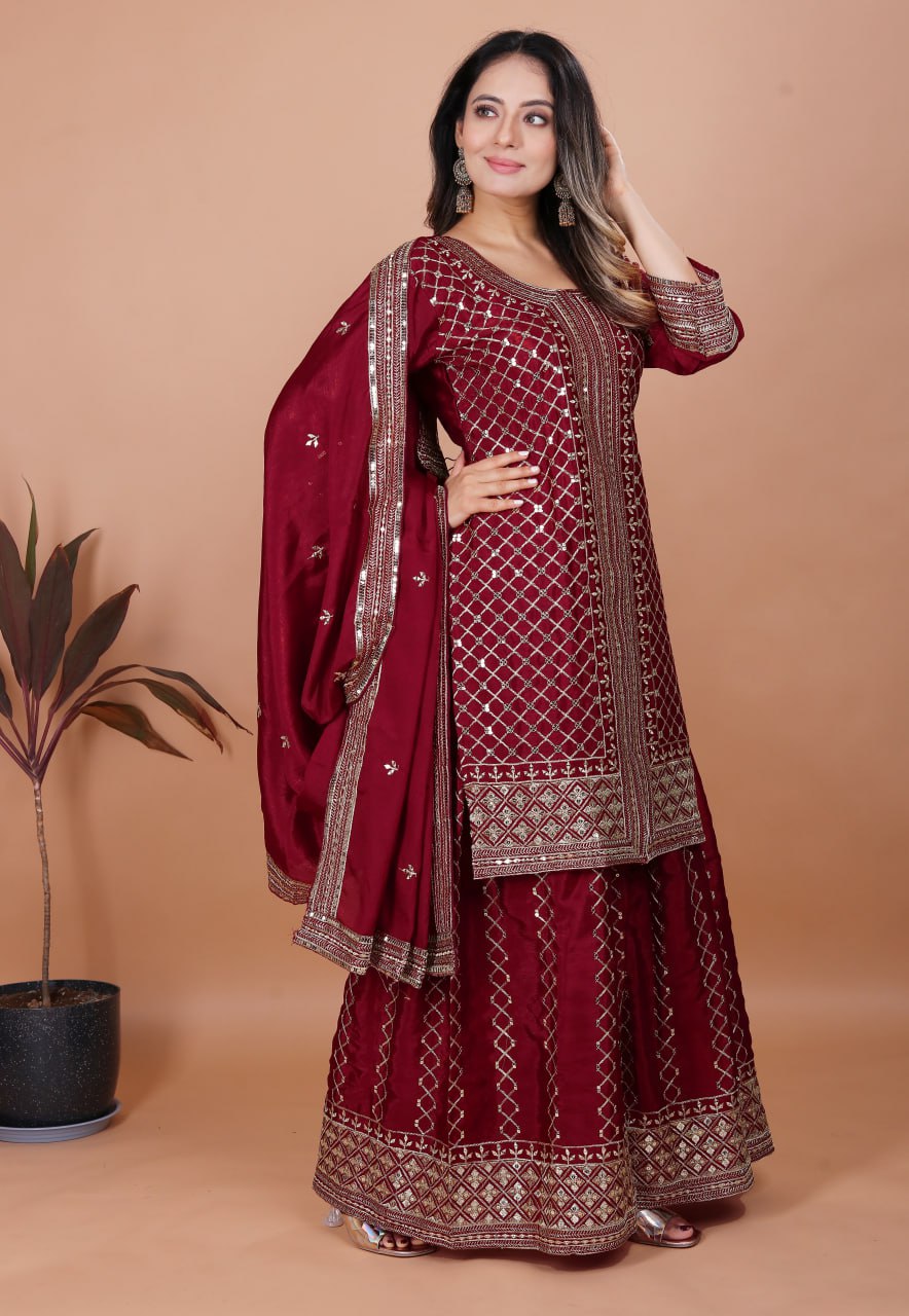 Prazu Fashion Maroon Chinon Silk Sequence Embroidered Sharara Suit - Distacart