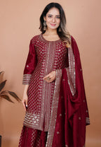 Prazu Fashion Maroon Chinon Silk Sequence Embroidered Sharara Suit - Distacart