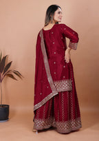 Prazu Fashion Maroon Chinon Silk Sequence Embroidered Sharara Suit - Distacart