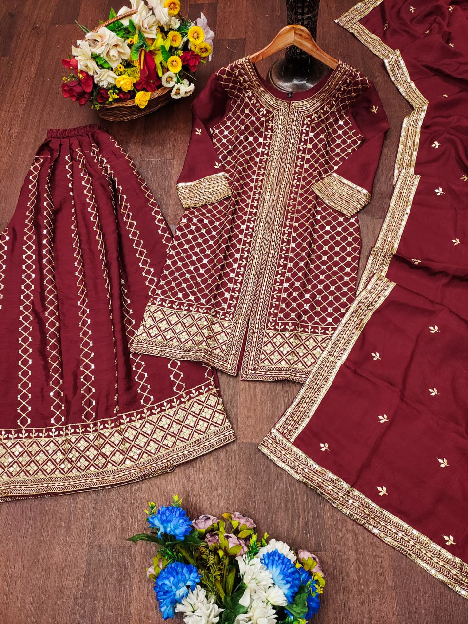 Prazu Fashion Maroon Chinon Silk Sequence Embroidered Sharara Suit - Distacart