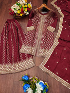 Prazu Fashion Maroon Chinon Silk Sequence Embroidered Sharara Suit - Distacart