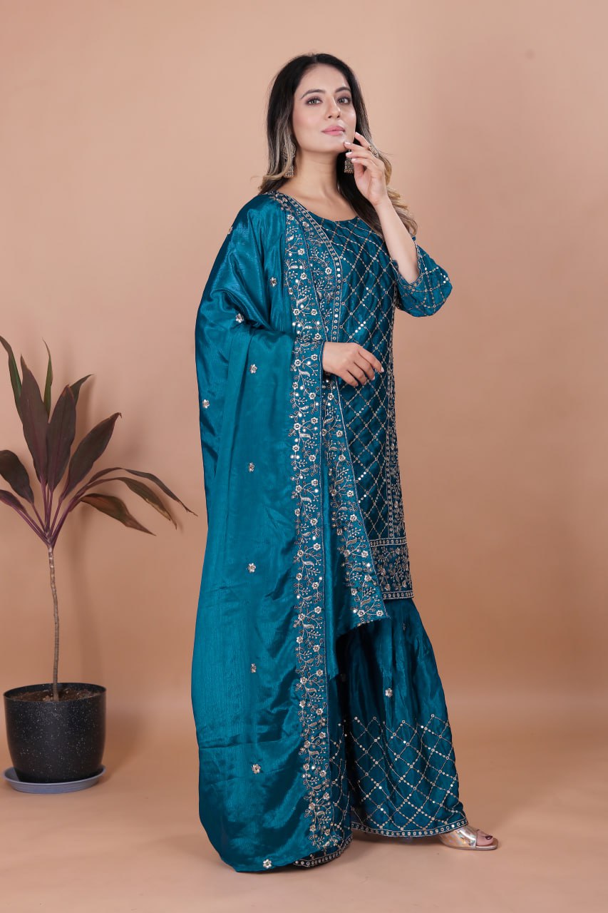 Prazu Fashion Aqua Blue Chinon Silk Sequence Embroidered Sharara Suit - Distacart