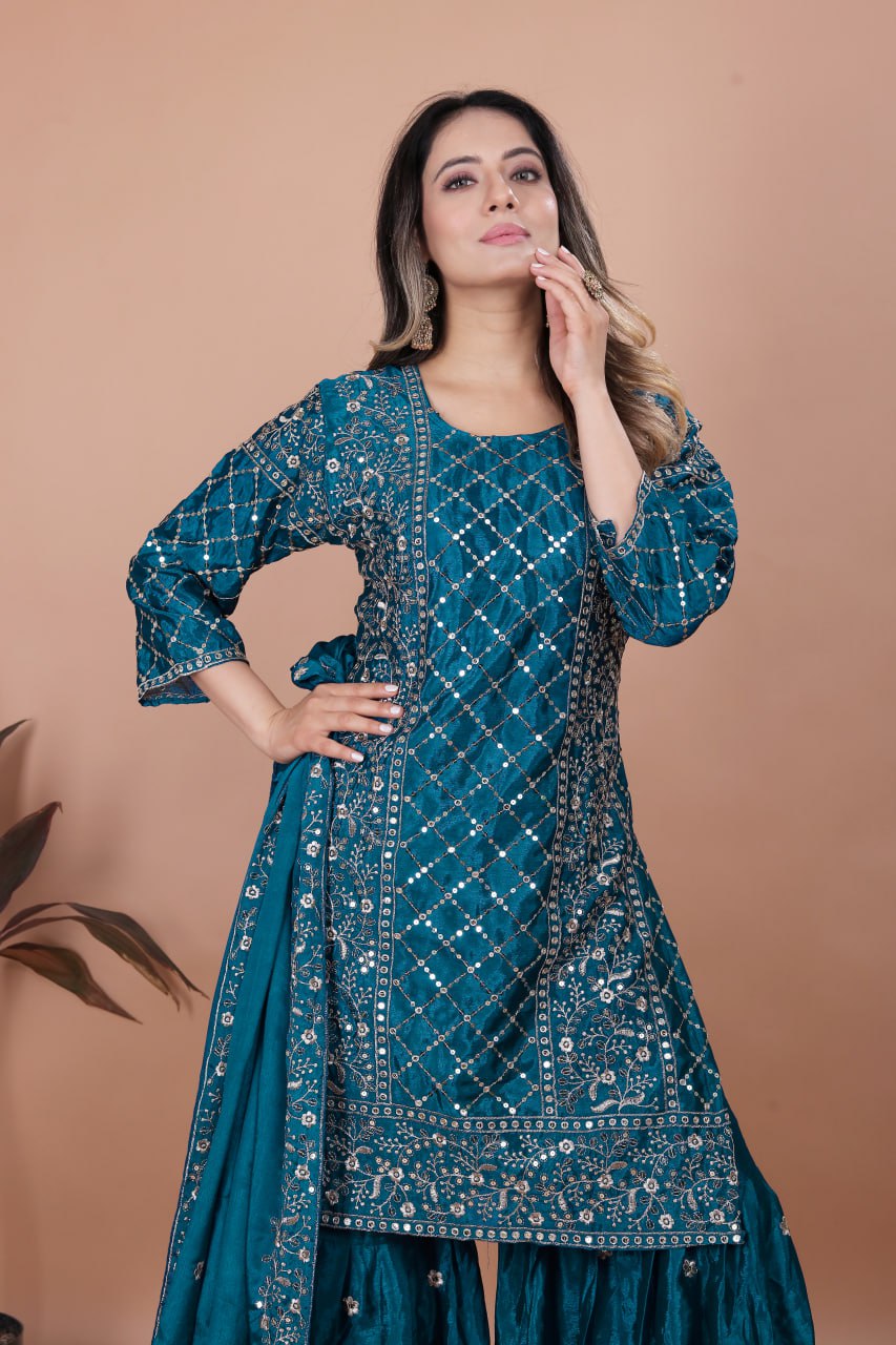Prazu Fashion Aqua Blue Chinon Silk Sequence Embroidered Sharara Suit - Distacart