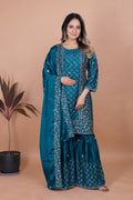 Prazu Fashion Aqua Blue Chinon Silk Sequence Embroidered Sharara Suit - Distacart