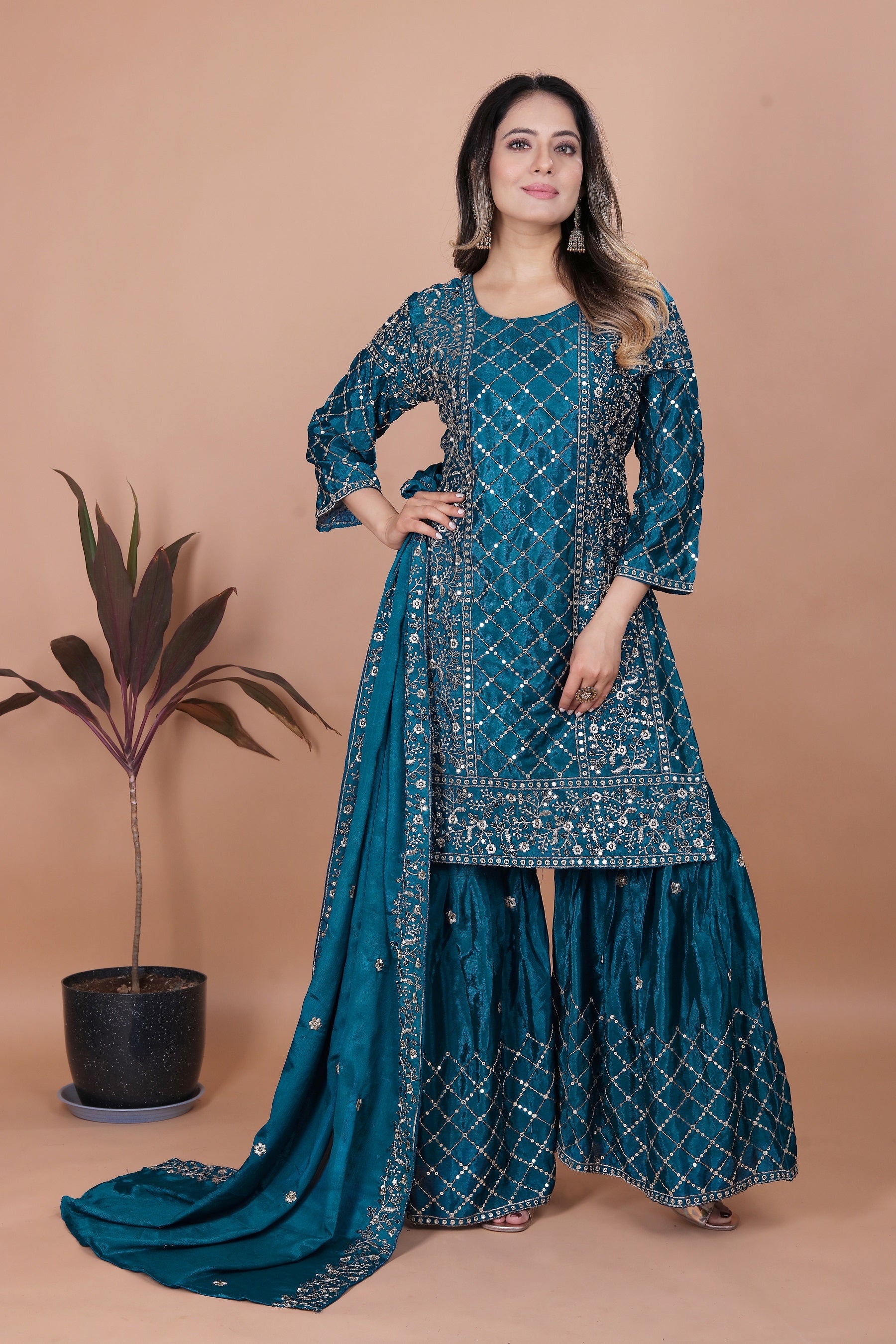 Lehenga Mart Teal Chinon Gorgeous Chinon Sharara Suit For Wedding Wear - Distacart