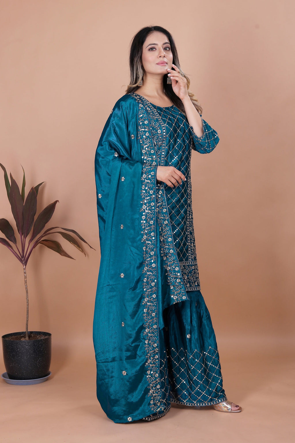 Lehenga Mart Teal Chinon Gorgeous Chinon Sharara Suit For Wedding Wear - Distacart