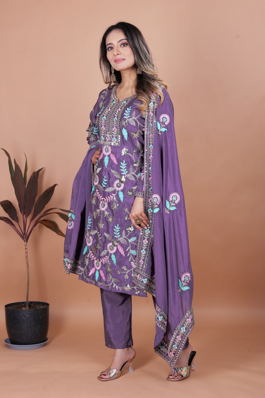 Prazu Fashion Dark Lavender Chinon Silk Sequence Embroidered Salwar Suit - Distacart