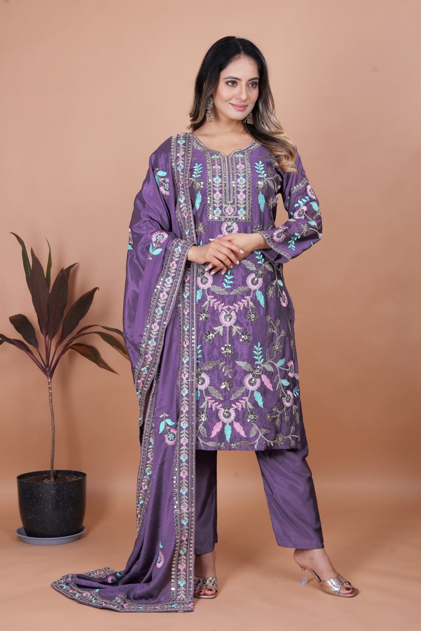 Prazu Fashion Dark Lavender Chinon Silk Sequence Embroidered Salwar Suit - Distacart