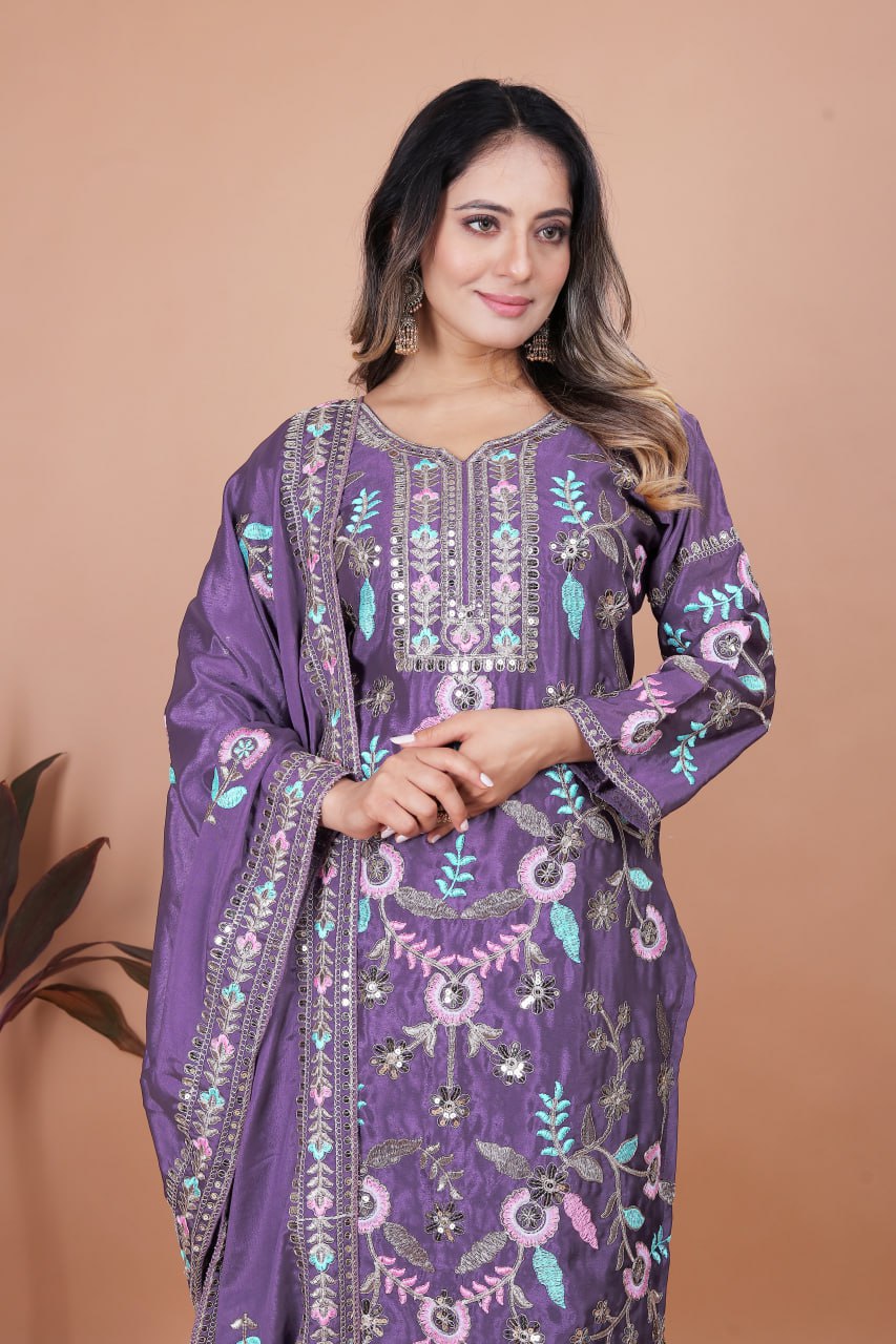 Prazu Fashion Dark Lavender Chinon Silk Sequence Embroidered Salwar Suit - Distacart