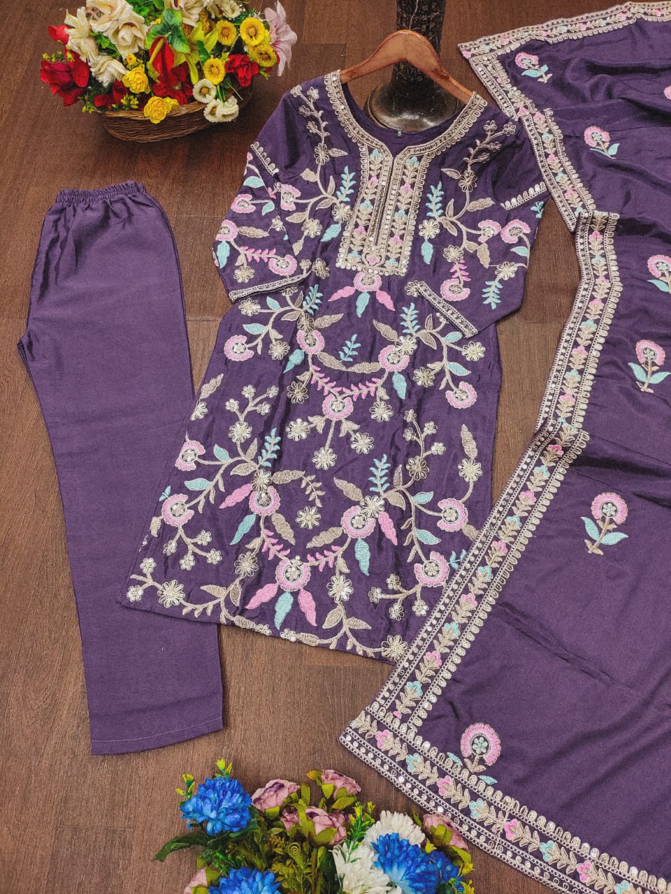 Prazu Fashion Dark Lavender Chinon Silk Sequence Embroidered Salwar Suit - Distacart