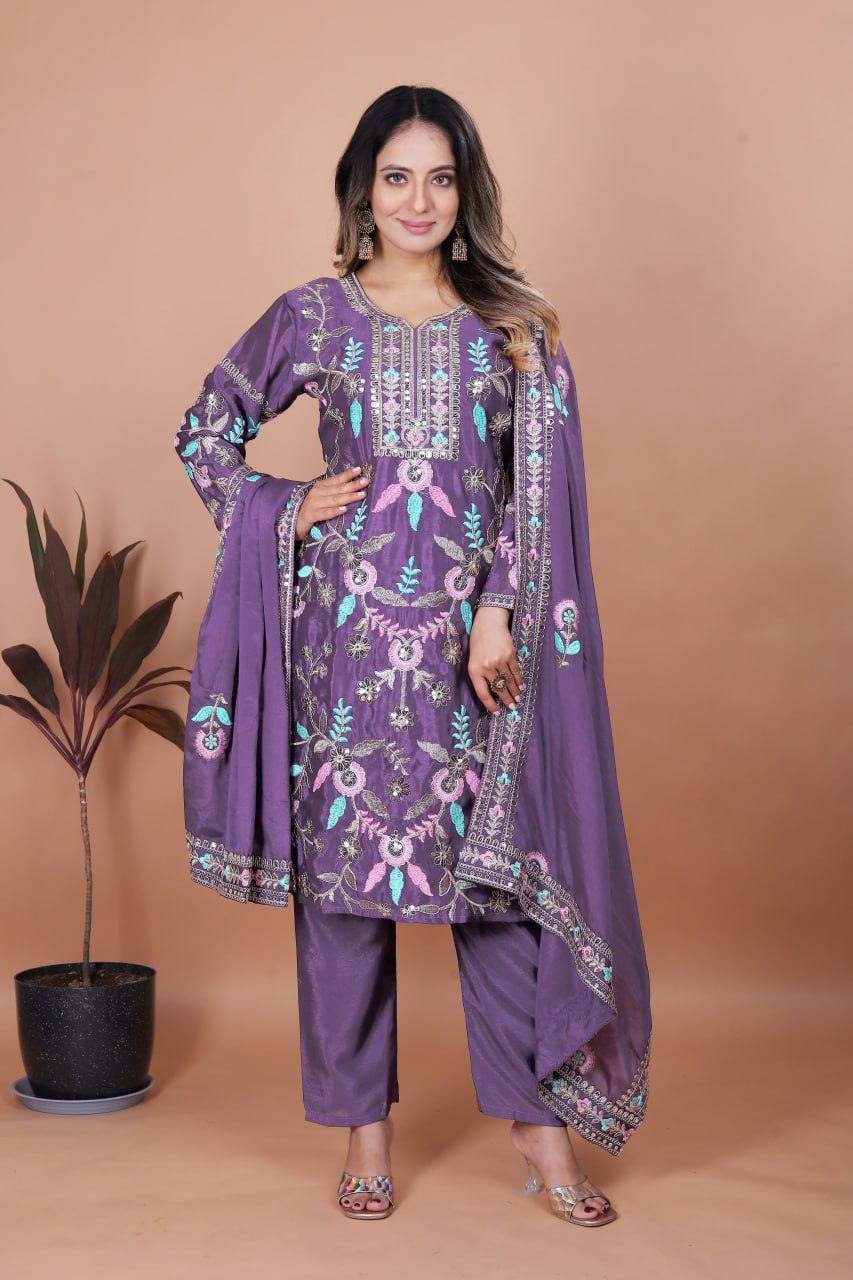 Prazu Fashion Dark Lavender Chinon Silk Sequence Embroidered Salwar Suit - Distacart