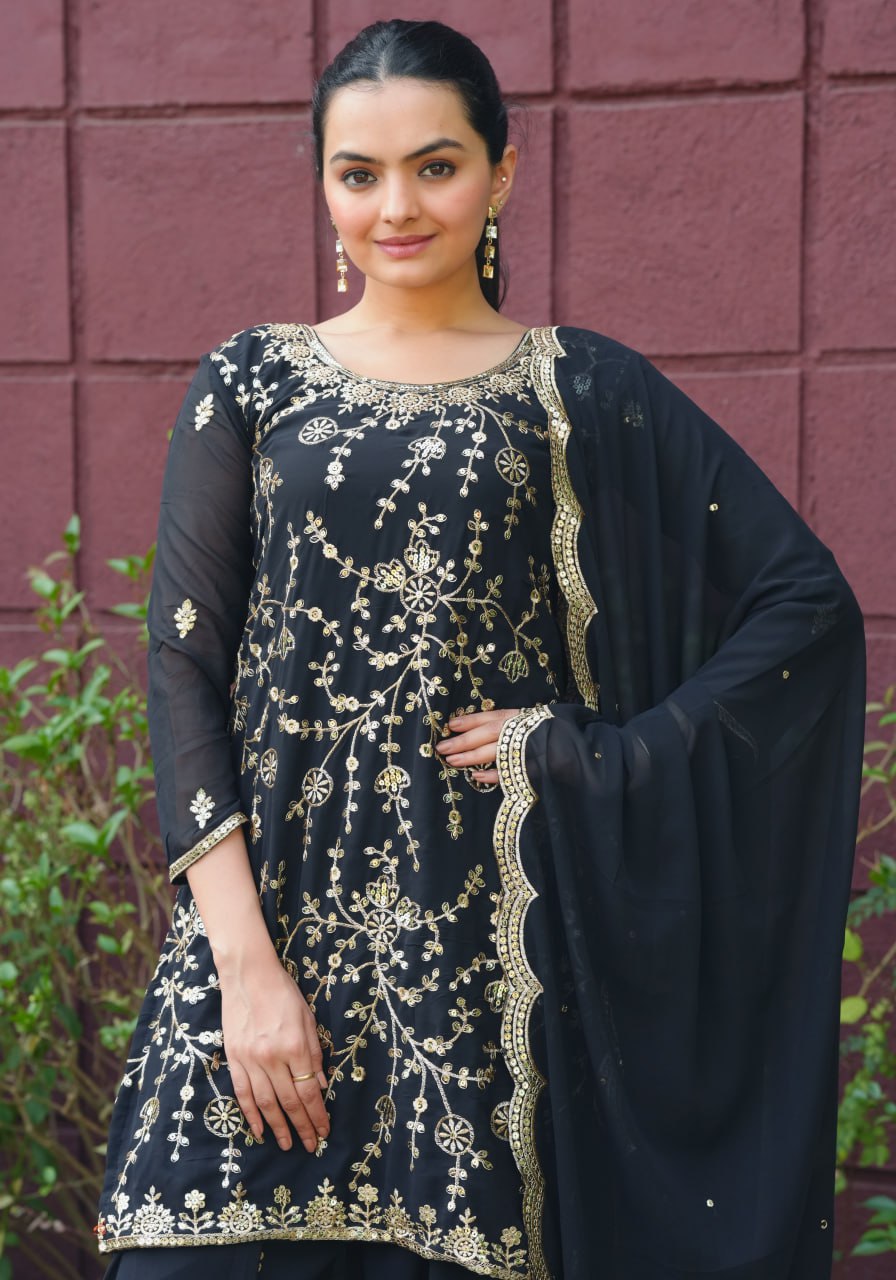 Prazu Fashion Black Georgette Sequence Embroidered Sharara Suit - Distacart