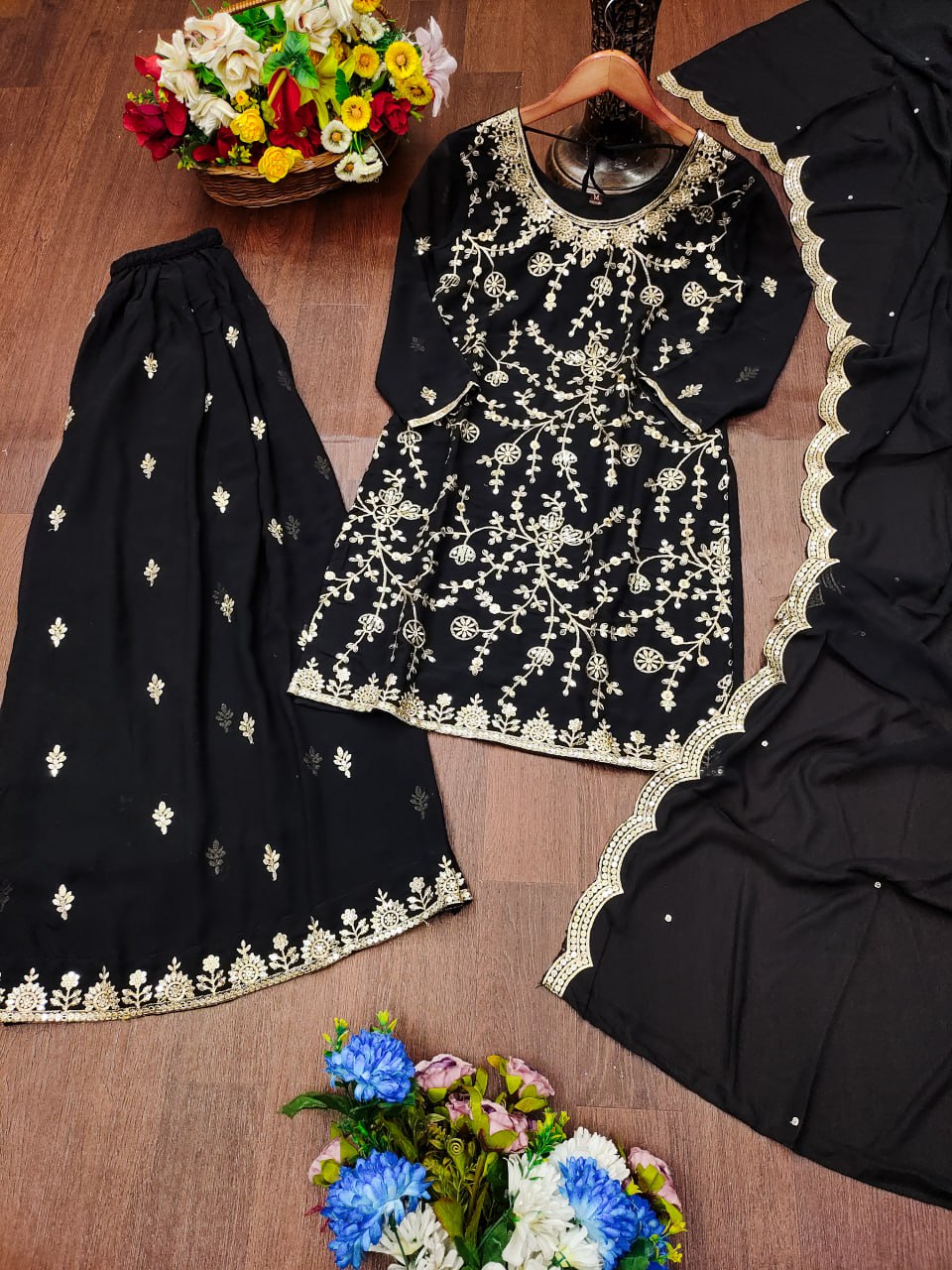 Prazu Fashion Black Georgette Sequence Embroidered Sharara Suit - Distacart