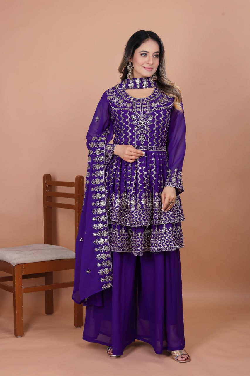 Prazu Fashion Violet Blue Georgette Sequence Embroidered Sharara Suit - Distacart