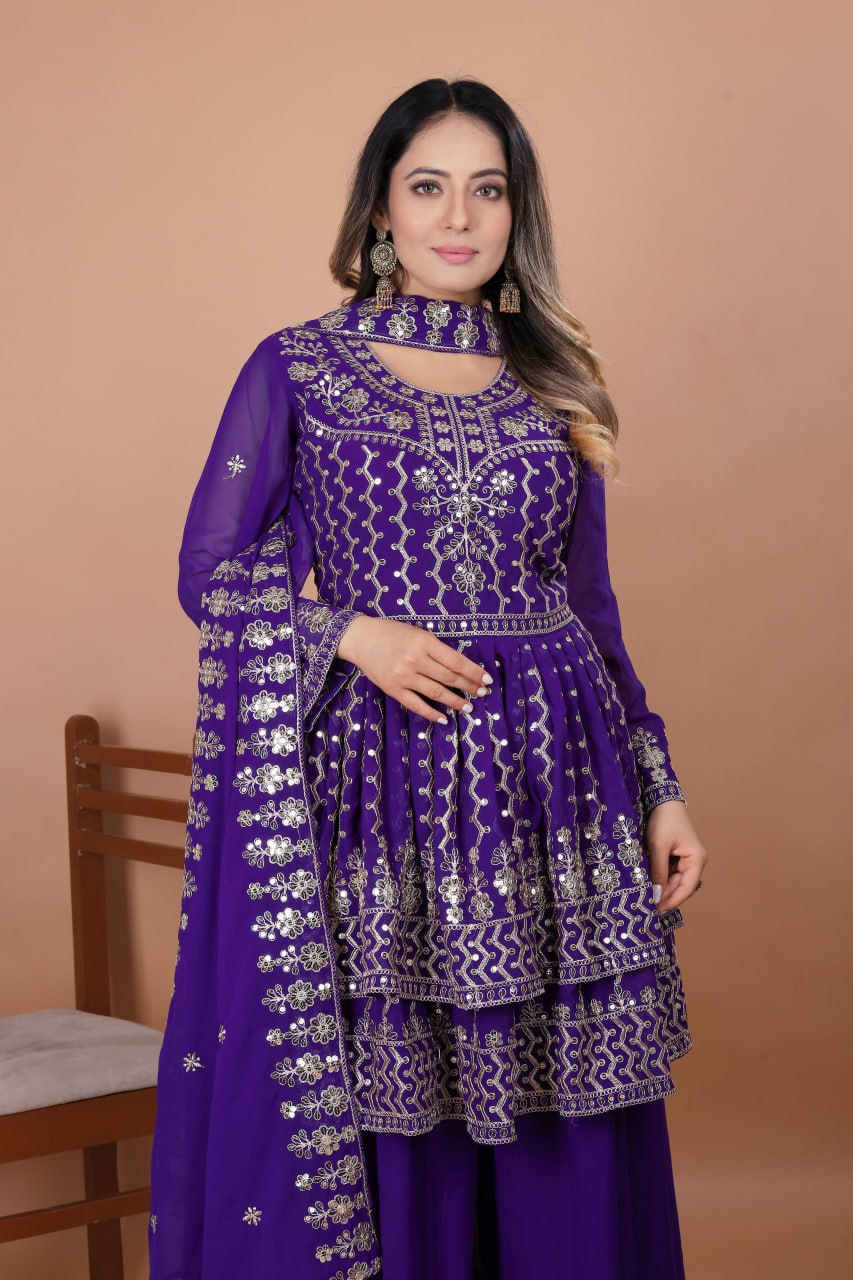 Prazu Fashion Violet Blue Georgette Sequence Embroidered Sharara Suit - Distacart