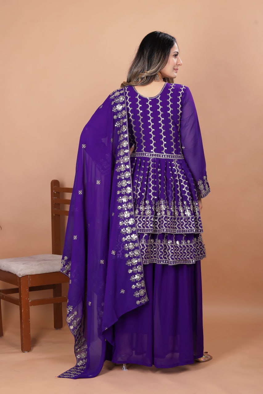 Prazu Fashion Violet Blue Georgette Sequence Embroidered Sharara Suit - Distacart