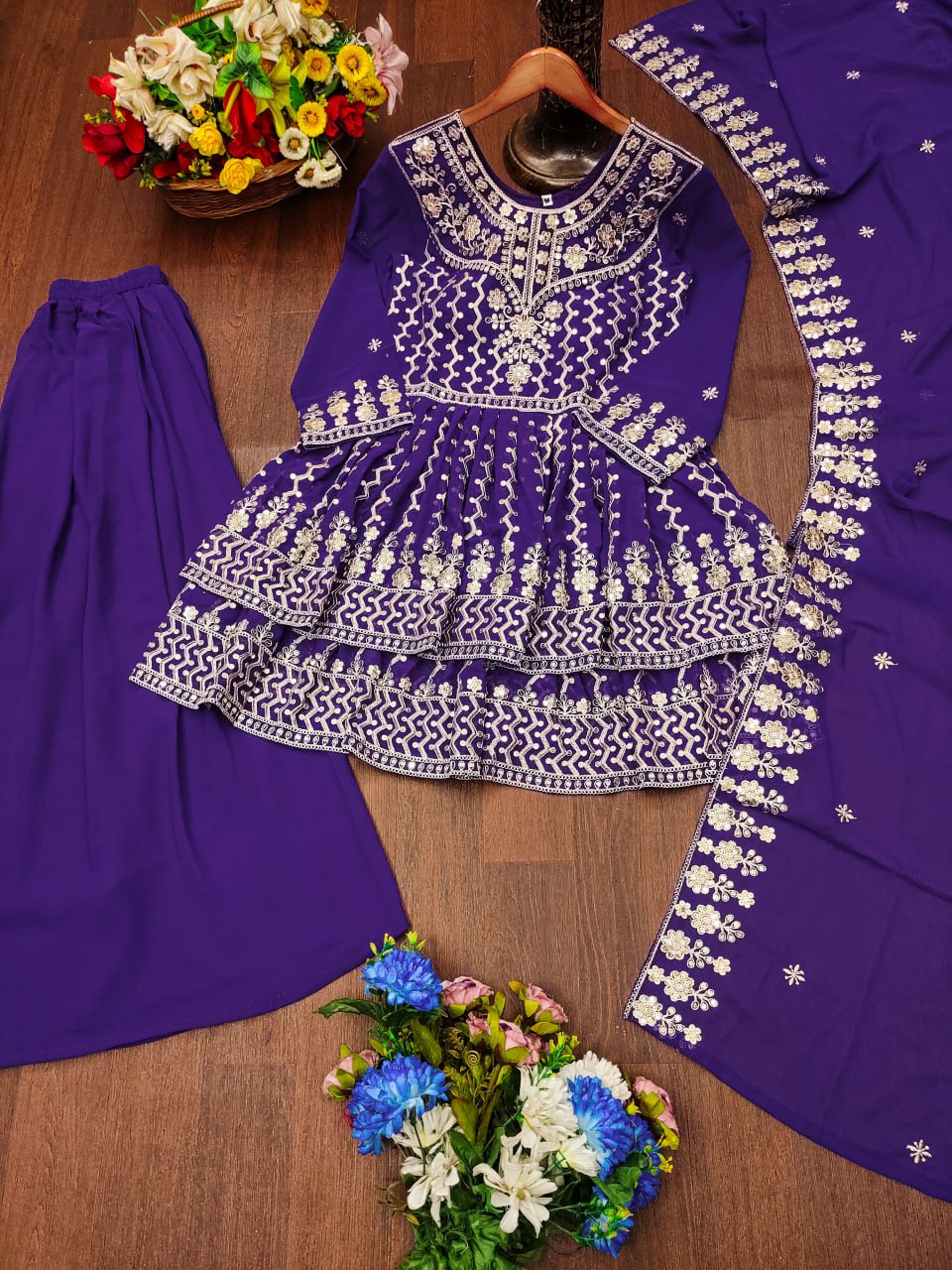 Prazu Fashion Violet Blue Georgette Sequence Embroidered Sharara Suit - Distacart