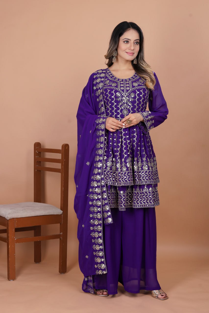 Prazu Fashion Violet Blue Georgette Sequence Embroidered Sharara Suit - Distacart