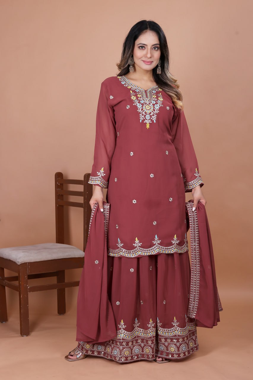 Prazu Fashion Gajri Red Georgette Embroidered Sharara Suit - Distacart