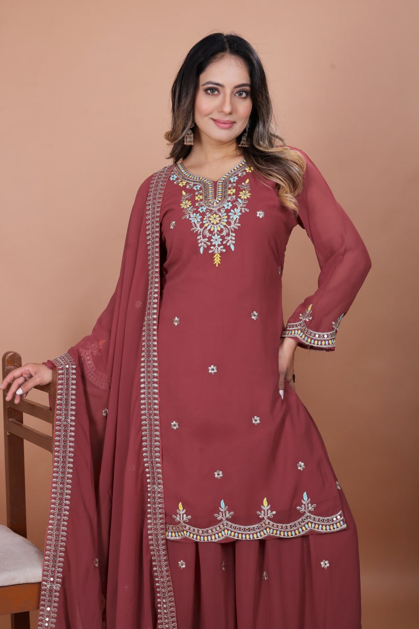 Prazu Fashion Gajri Red Georgette Embroidered Sharara Suit - Distacart