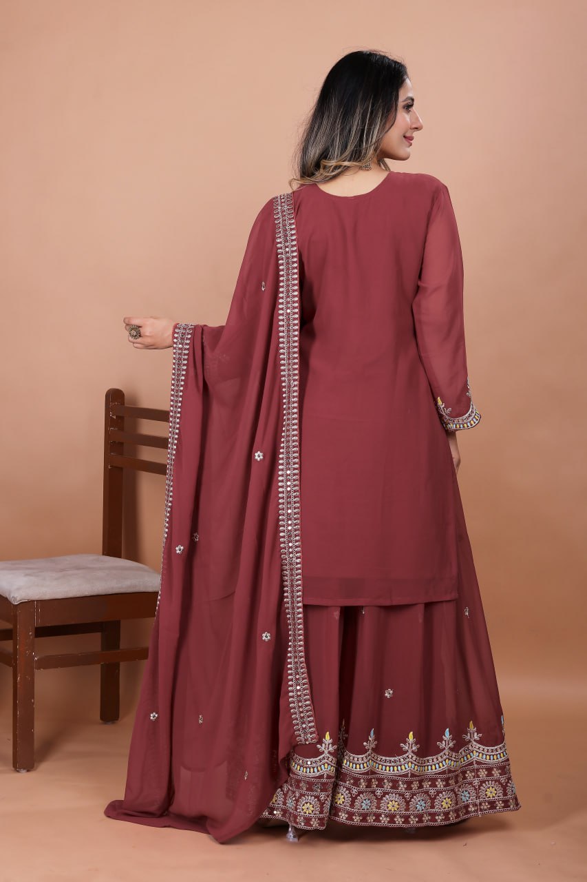 Prazu Fashion Gajri Red Georgette Embroidered Sharara Suit - Distacart