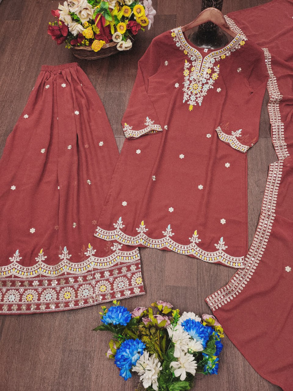 Prazu Fashion Gajri Red Georgette Embroidered Sharara Suit - Distacart