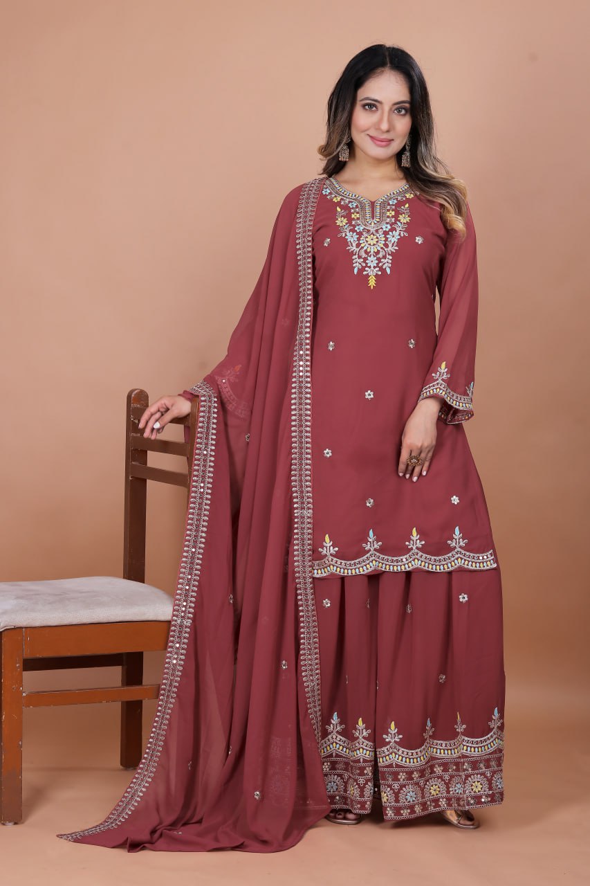 Prazu Fashion Gajri Red Georgette Embroidered Sharara Suit - Distacart