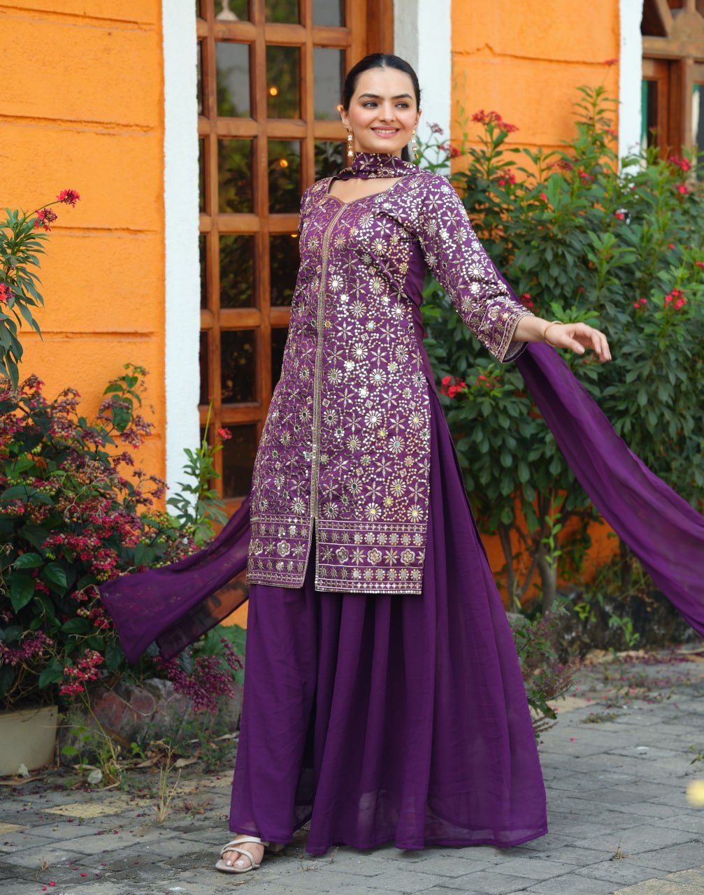 Prazu Fashion Purple Tapeta Silk With Fusing Embroidered Mirror Work Sharara Suit - Distacart