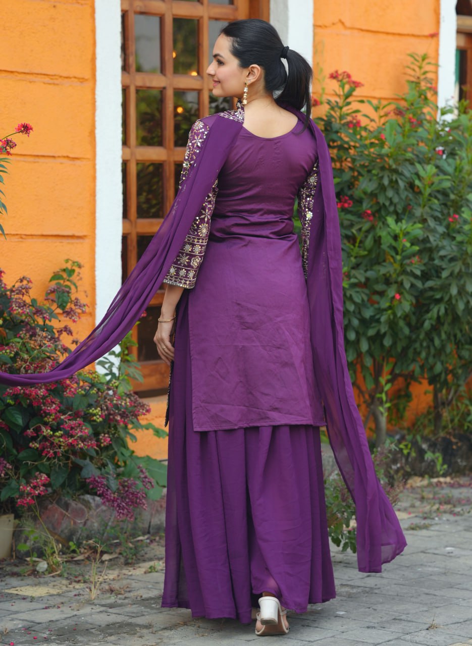 Prazu Fashion Purple Tapeta Silk With Fusing Embroidered Mirror Work Sharara Suit - Distacart