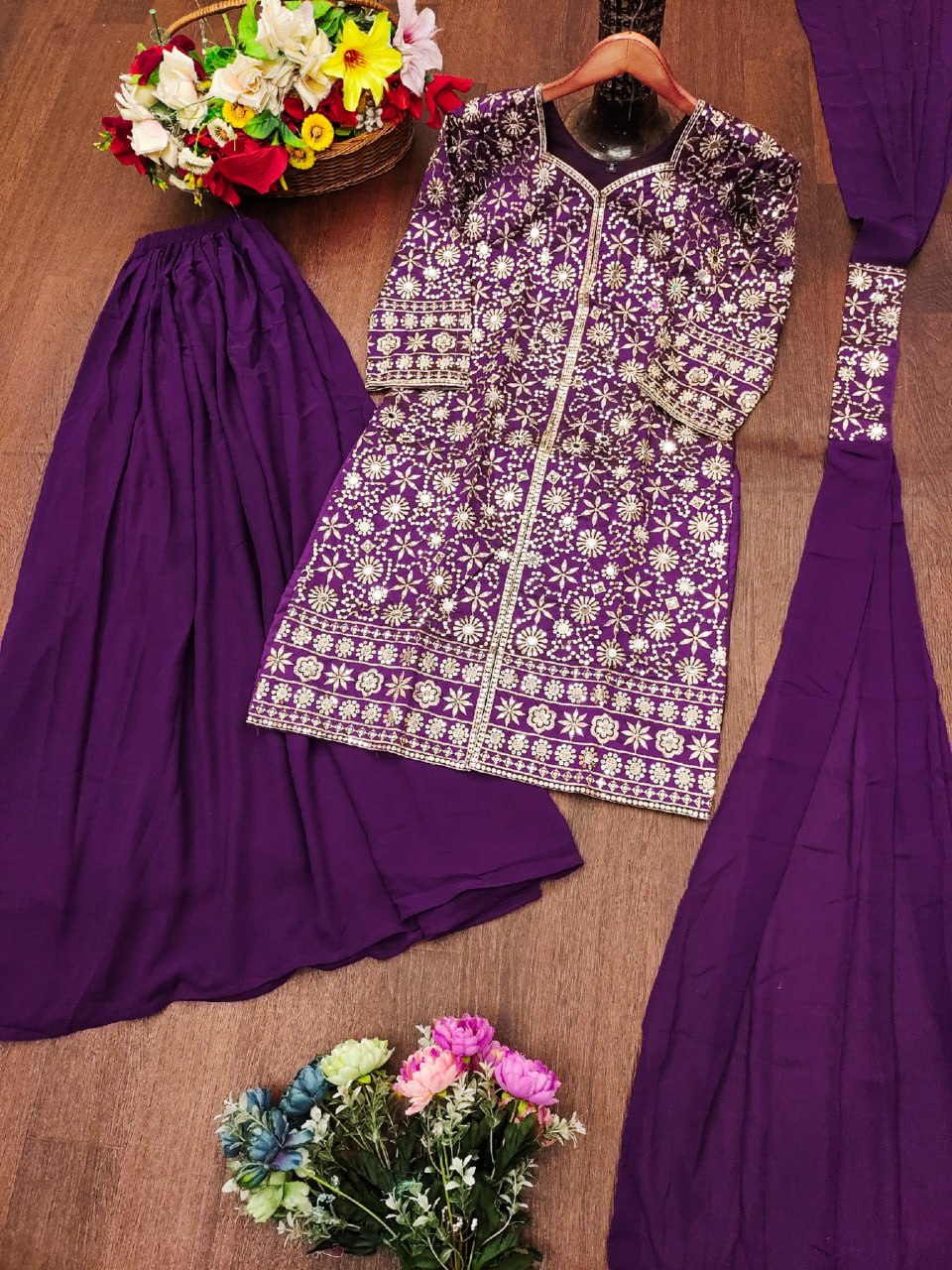 Prazu Fashion Purple Tapeta Silk With Fusing Embroidered Mirror Work Sharara Suit - Distacart