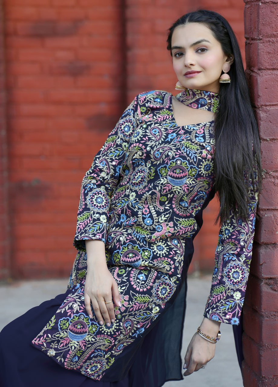 Prazu Fashion Blue Tapeta Silk With Fusing Embroidered Sharara Suit - Distacart
