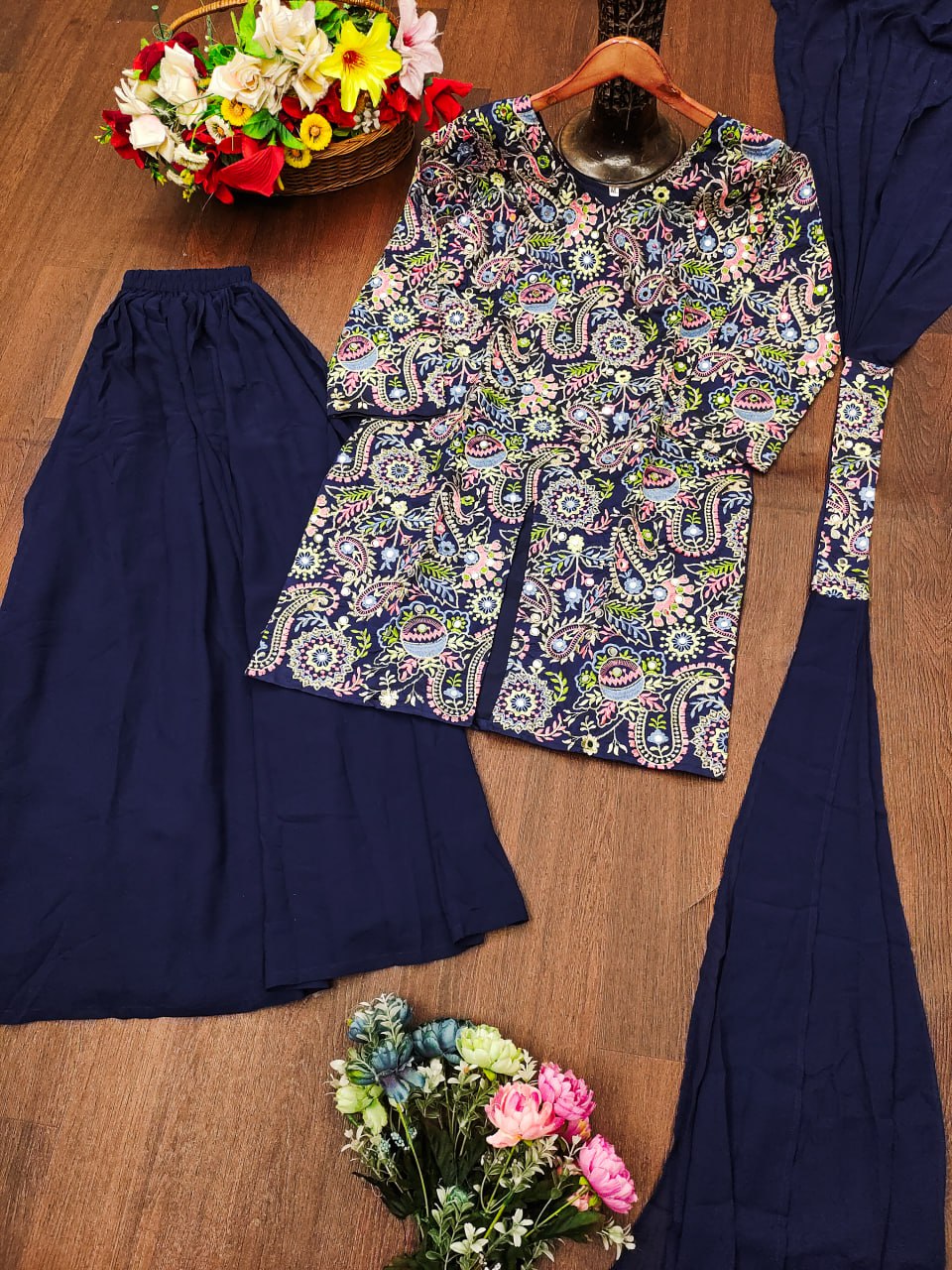 Prazu Fashion Blue Tapeta Silk With Fusing Embroidered Sharara Suit - Distacart