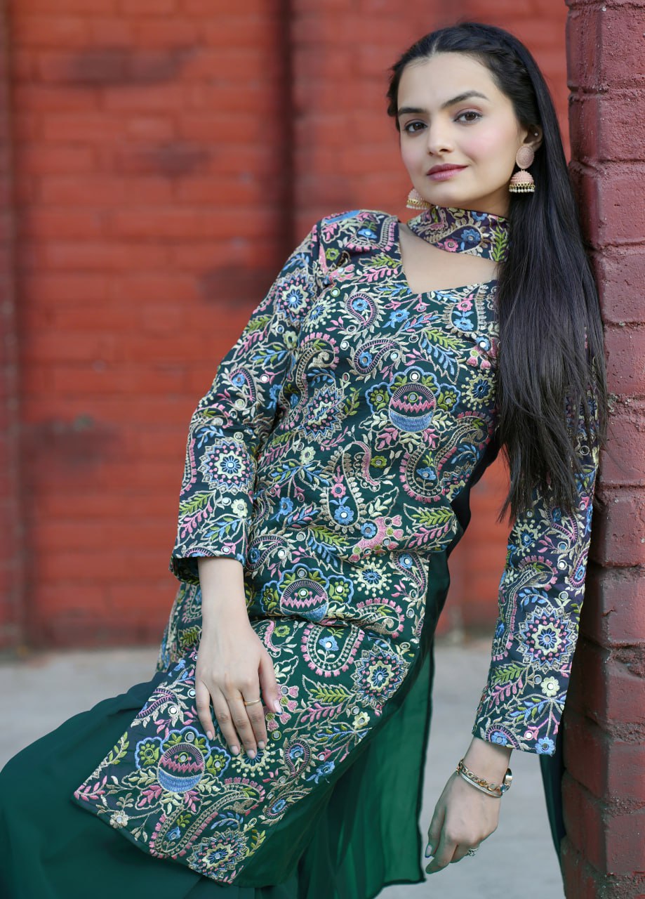 Prazu Fashion Green Tapeta Silk With Fusing Embroidered Sharara Suit - Distacart