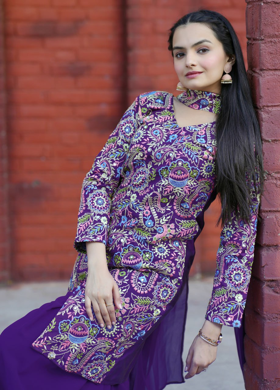 Prazu Fashion Violet Tapeta Silk With Fusing Embroidered Sharara Suit - Distacart