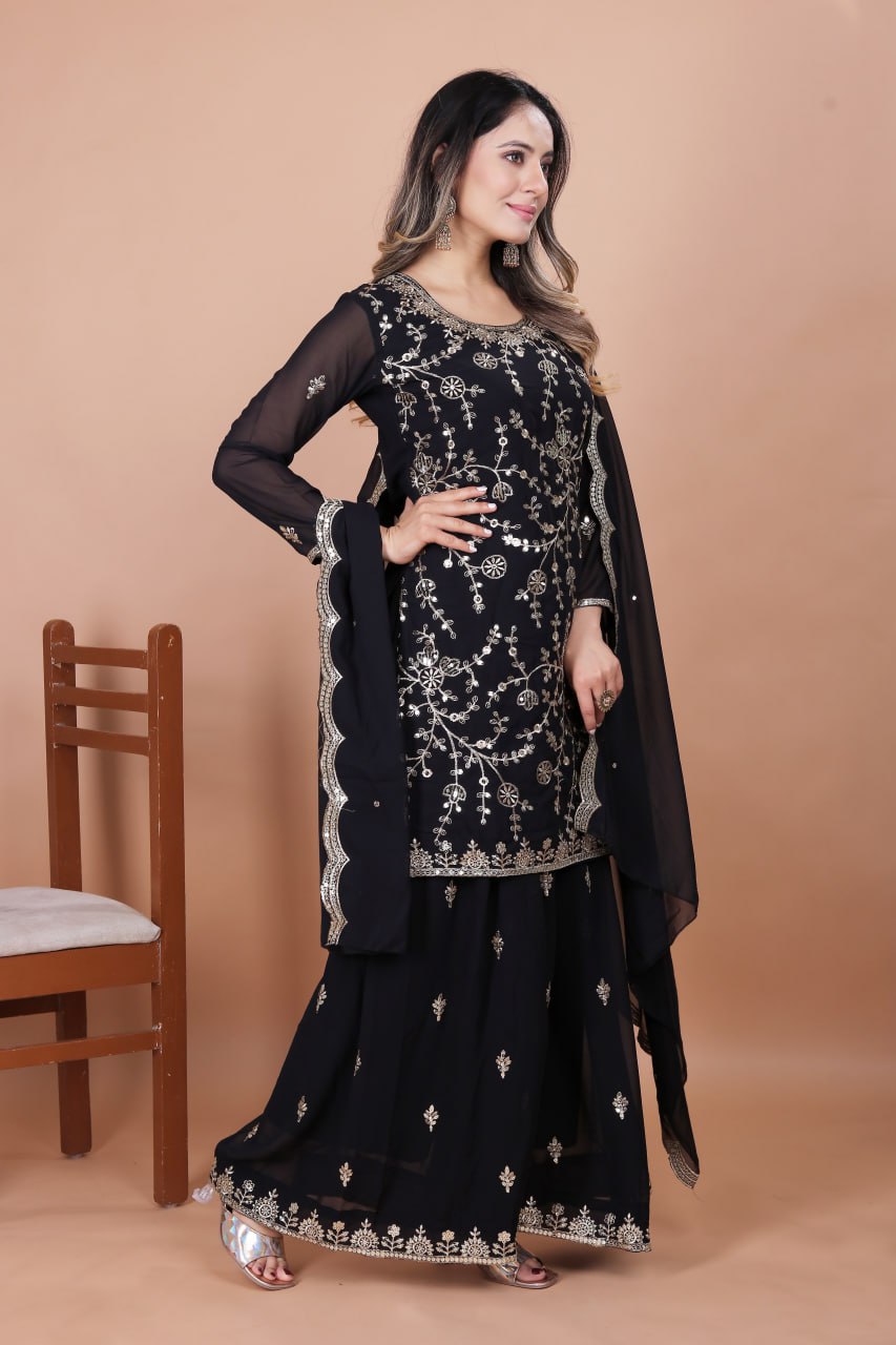 Prazu Fashion Black Georgette Embroidered Sequence Sharara Suit - Distacart