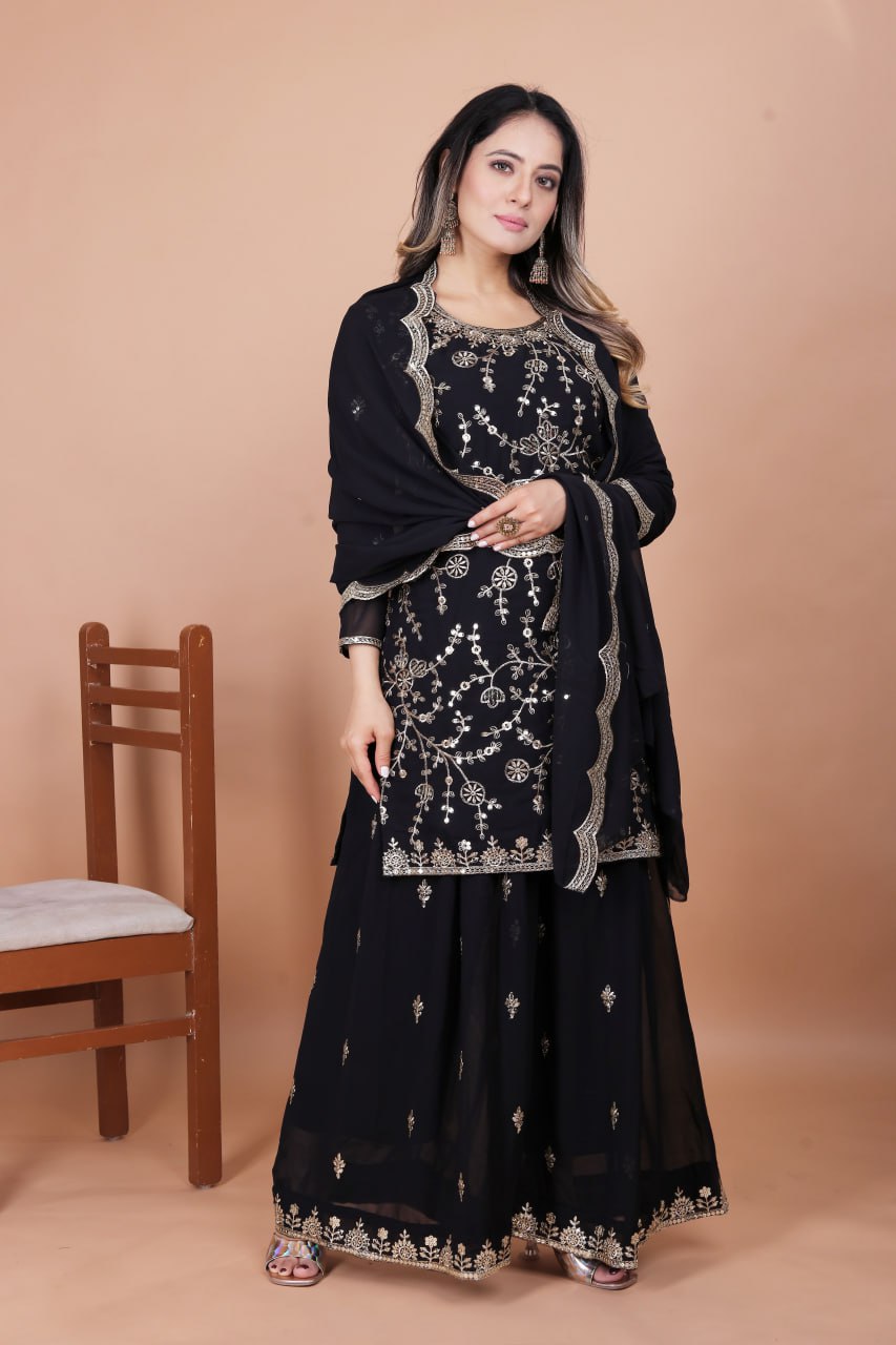 Prazu Fashion Black Georgette Embroidered Sequence Sharara Suit - Distacart