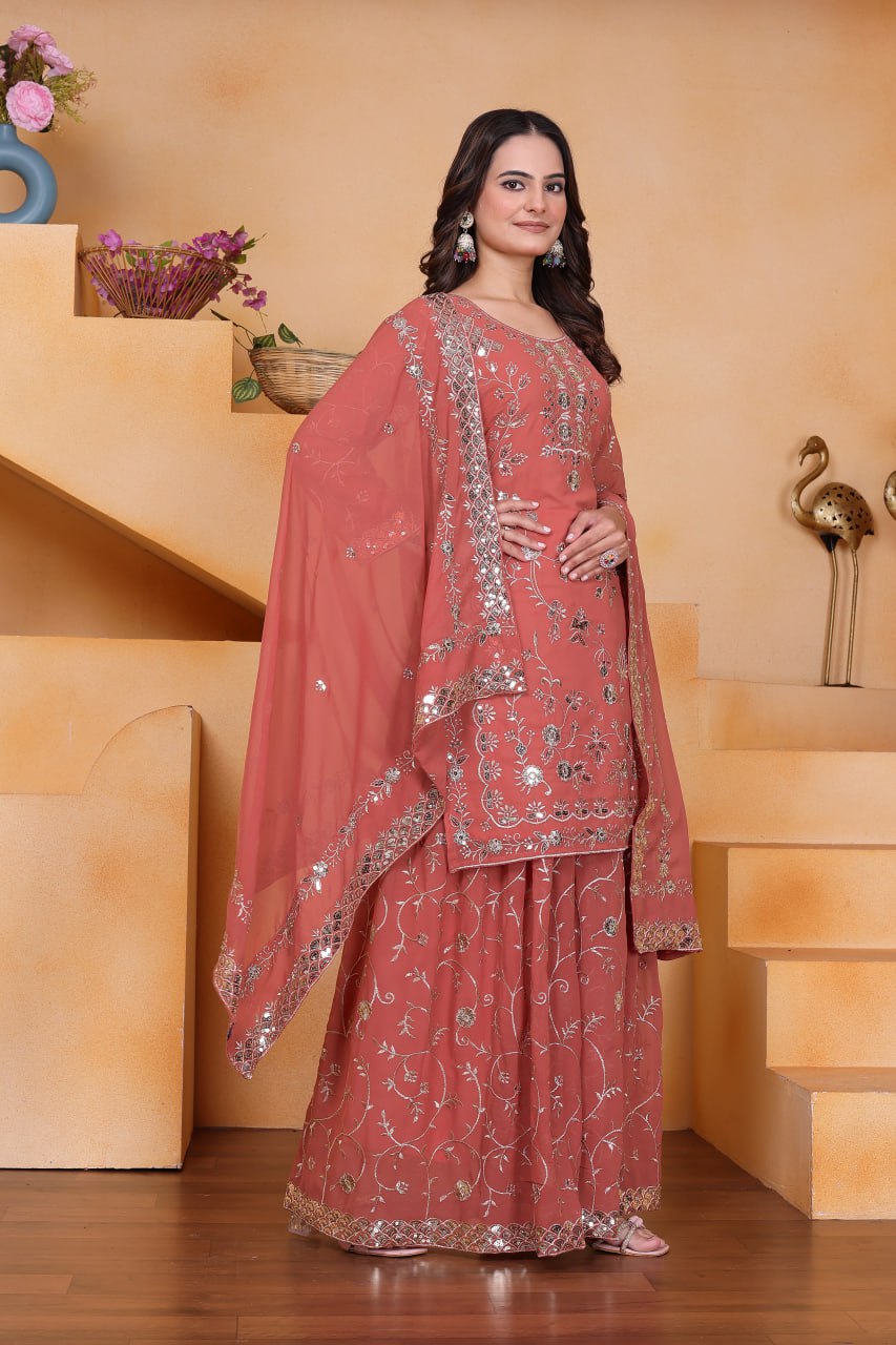Prazu Fashion Peach Georgette Sequin Embroidered Sharara Suit - Distacart