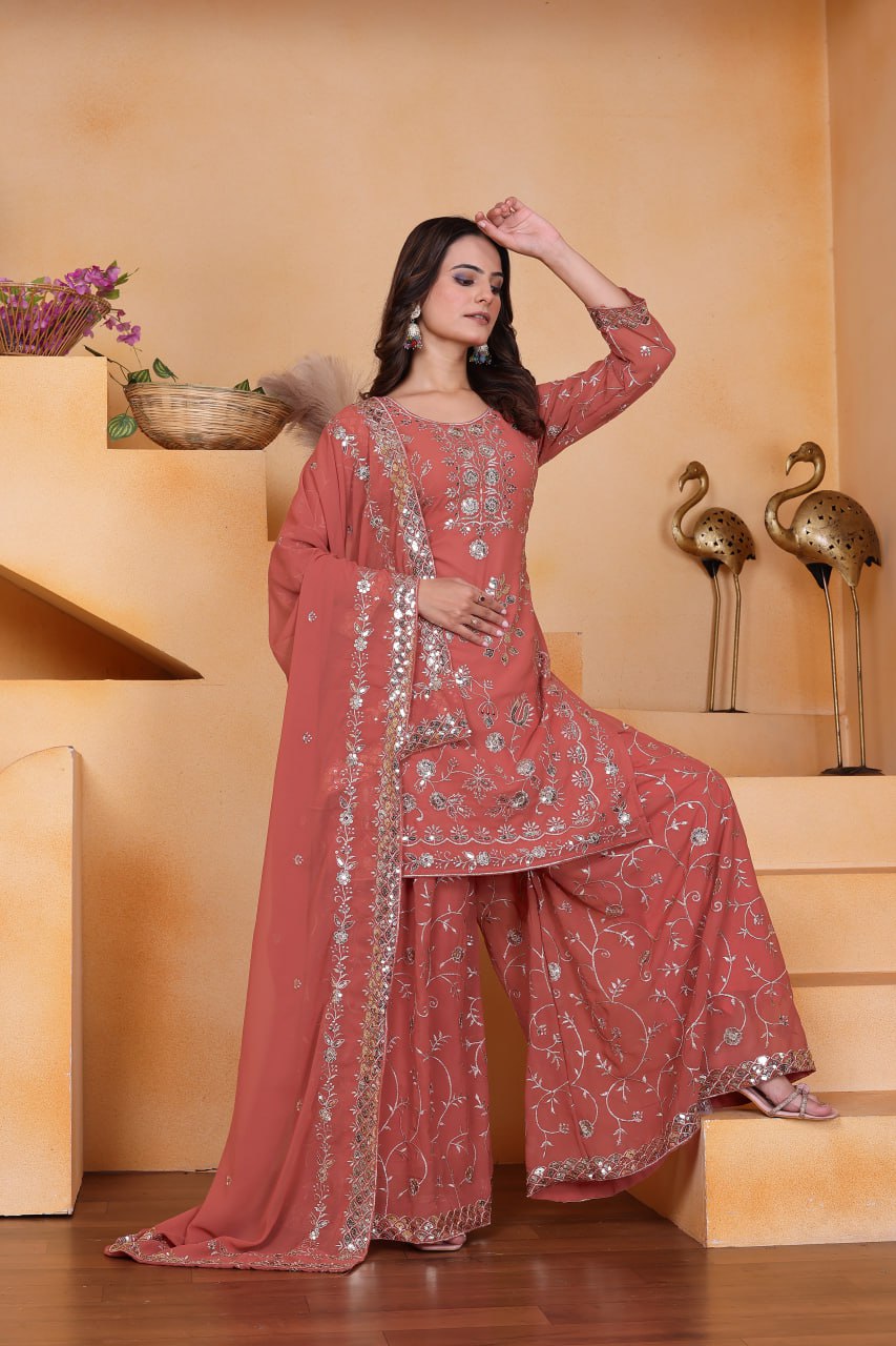 Prazu Fashion Peach Georgette Sequin Embroidered Sharara Suit - Distacart
