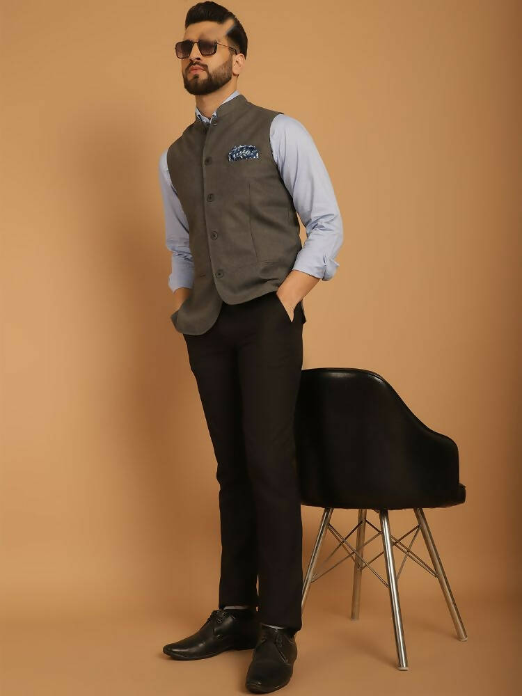 Even Apparels Nehru Jacket With Welt Pockets - Grey