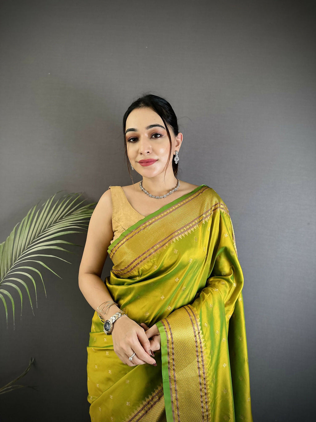 Joban Fashion Lime Green Butti Woven Soft Lichi Silk Paithani Saree - Distacart