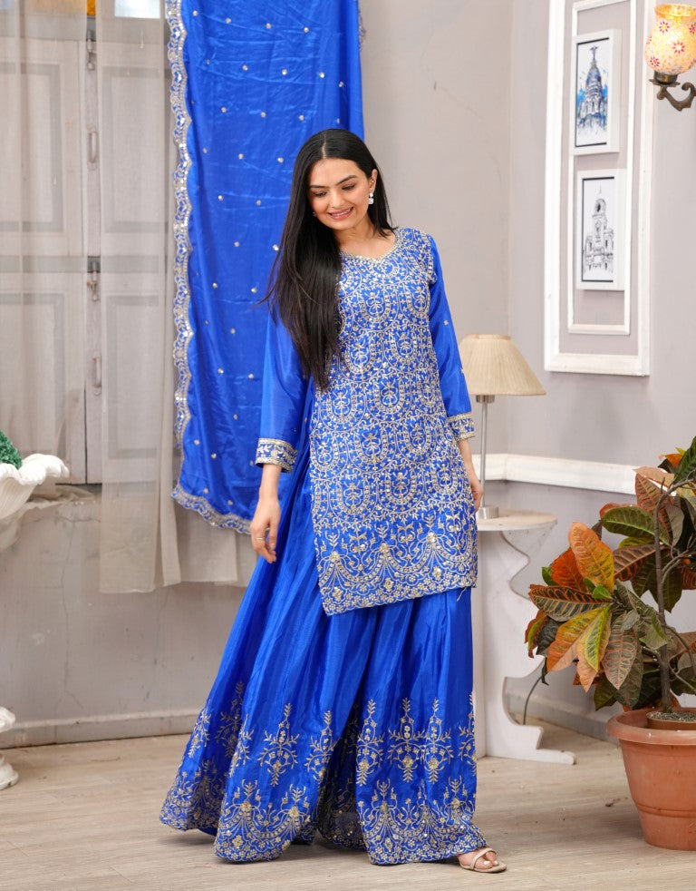 Lehenga Mart Designer Chinon Sharara Suit With Sequence Embroidered Work - Blue - Distacart